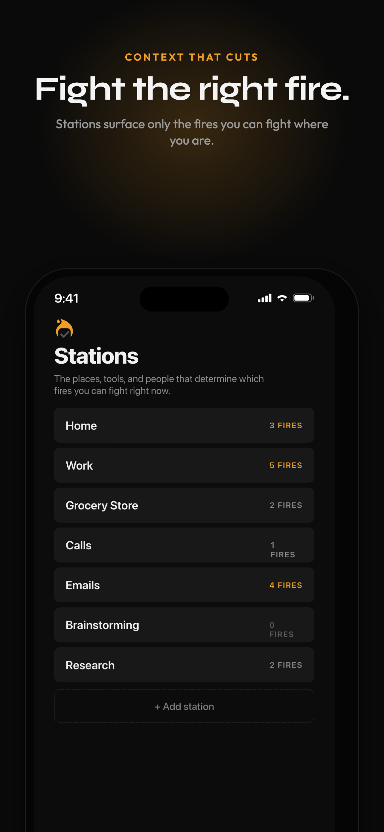 Fight the right fire — Stations list surfaces only the fires you can fight where you are.